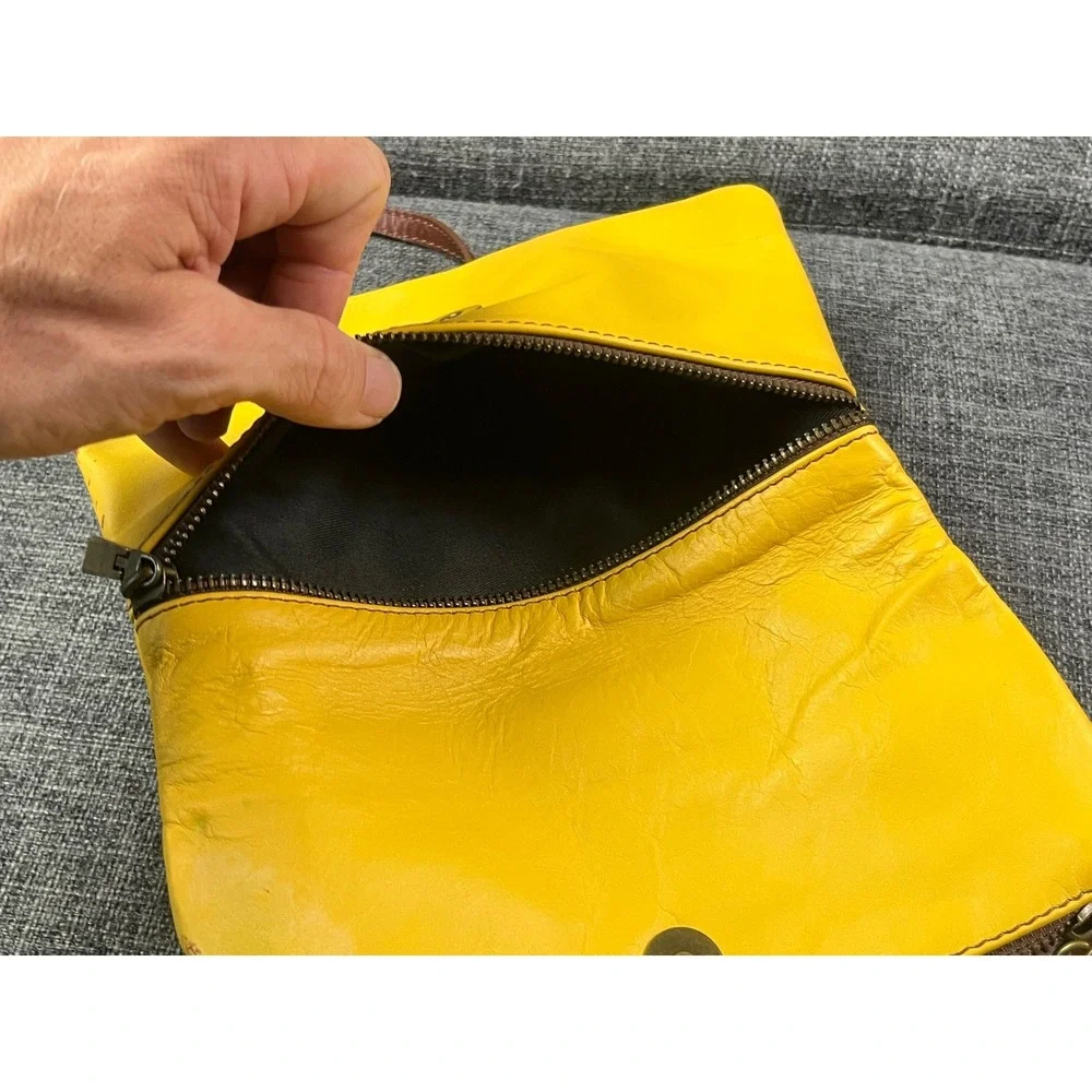 Vera Pelle Italy Yellow Leather Crossbody Foldover Tassel Clutch Bag